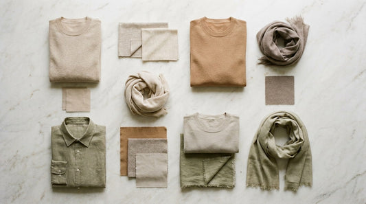 Flat lay of linen, merino, cotton and silk garments in earth tones on marble