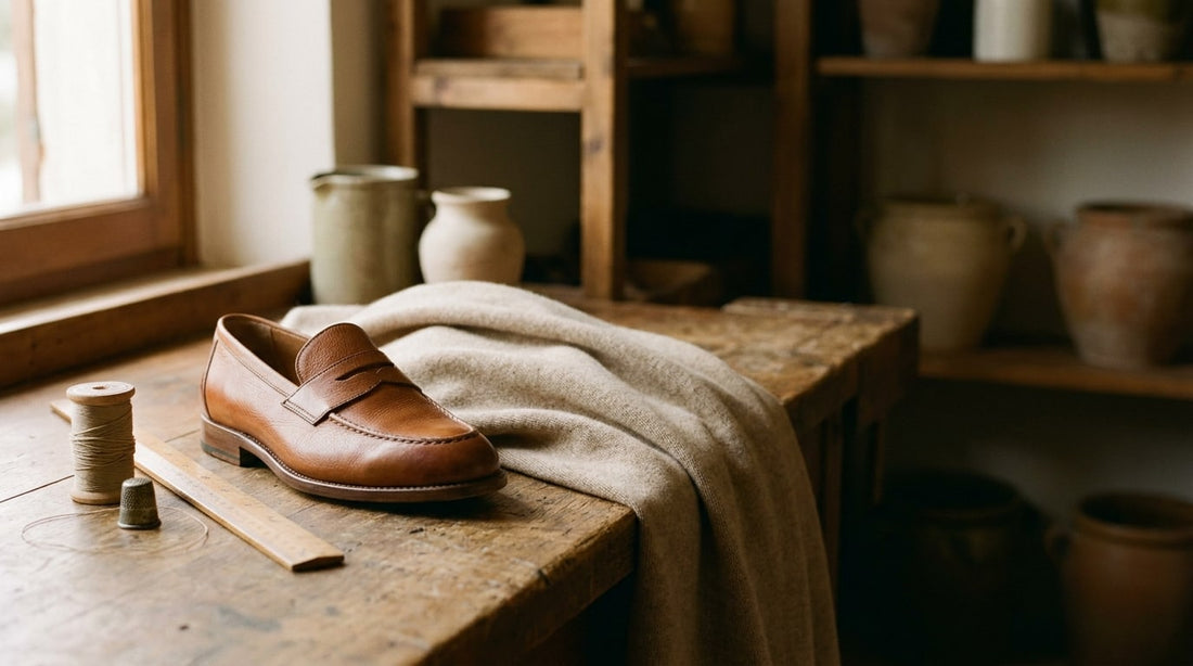 Hand-finished tan leather loafer beside folded camel cashmere on an artisan's workbench