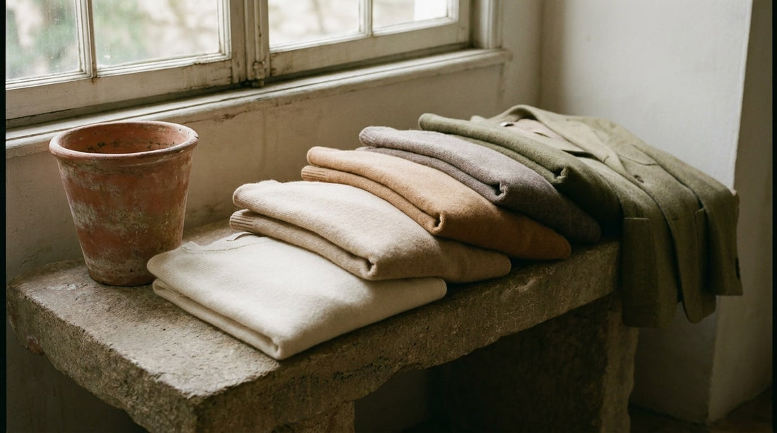 Folded menswear in graduating earth tones from cream and sand to camel and olive on stone