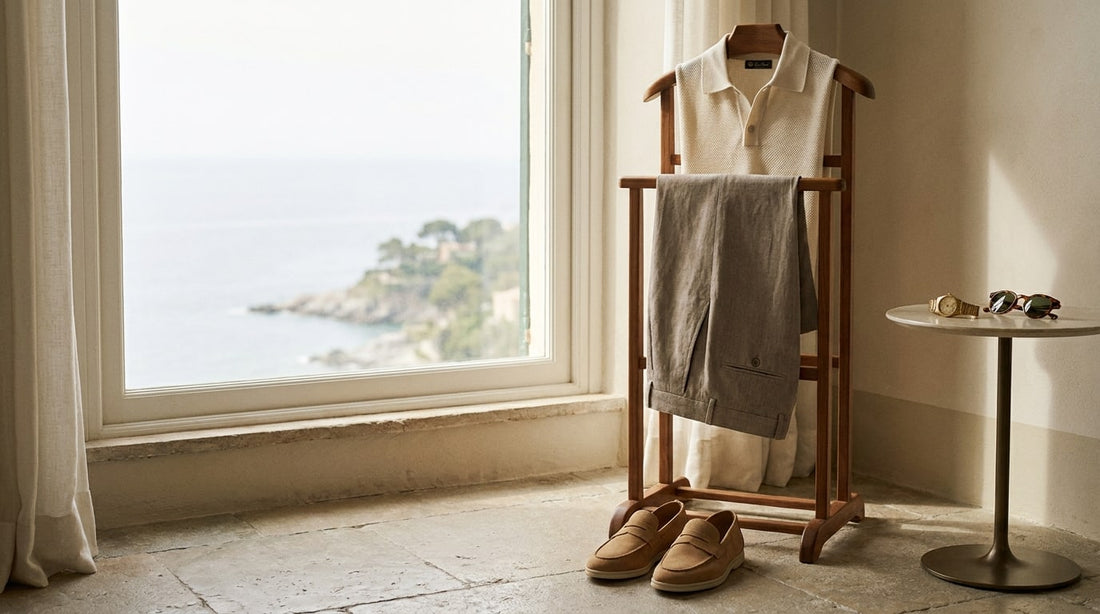 Folded knit polo and taupe trousers on a wooden valet chair with loafers by a bright window
