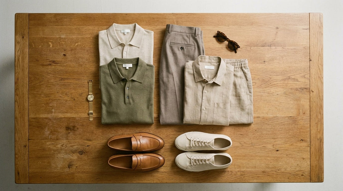 Men's summer capsule wardrobe flat lay with polos, linen, loafers, sneakers, watch and sunglasses