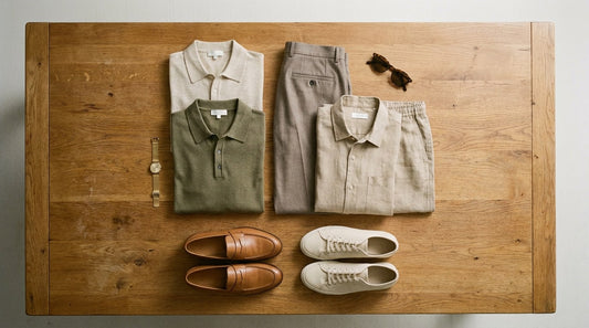 Men's summer capsule wardrobe flat lay with polos, linen, loafers, sneakers, watch and sunglasses