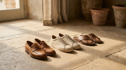 Tan leather loafers, cream sneakers and leather slides on a Mediterranean stone floor