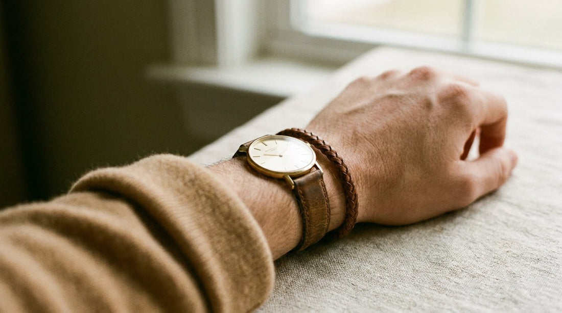 Man's wrist with a slim gold watch and a single leather bracelet under a camel cashmere cuff