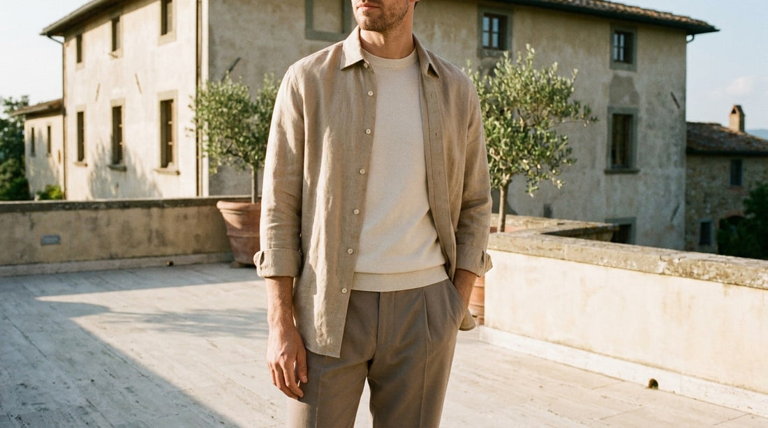 Man in sand linen overshirt, cream knit and taupe trousers on a Tuscan villa terrace, quiet-luxury smart casual