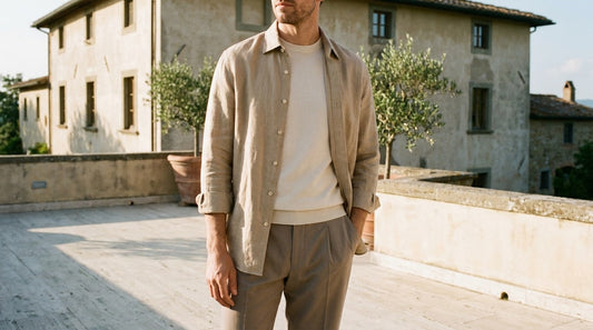 Man in sand linen overshirt, cream knit and taupe trousers on a Tuscan villa terrace, quiet-luxury smart casual