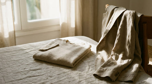Folded oatmeal short-sleeve cashmere knit on washed linen in soft window light
