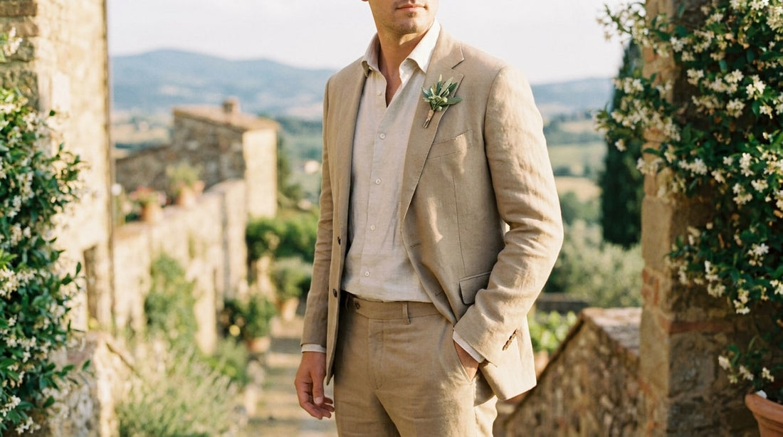 Man in a sand linen suit with an open collar at a sunlit Italian vineyard summer wedding