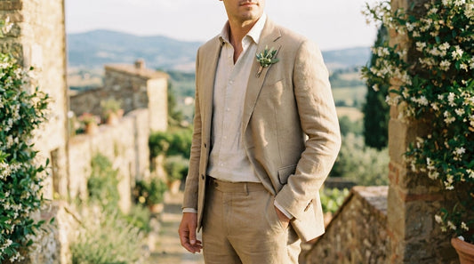 Man in a sand linen suit with an open collar at a sunlit Italian vineyard summer wedding